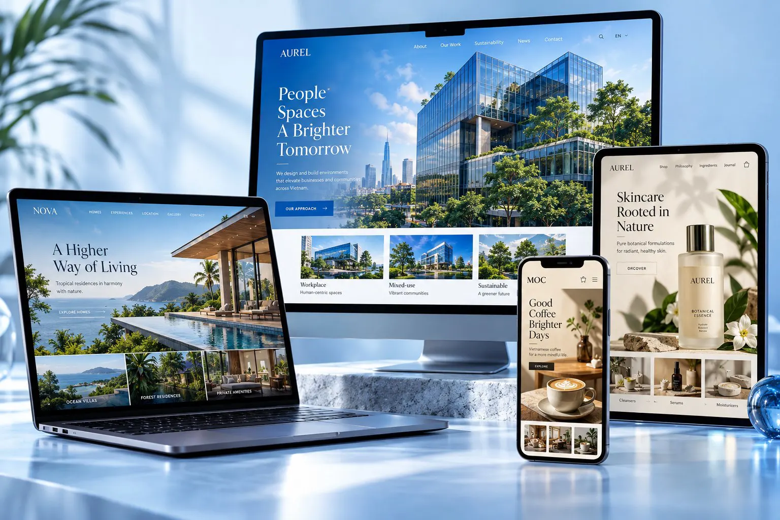 Minh họa website doanh nghiệp, bán hàng và dịch vụ hiển thị trên máy tính, máy tính bảng và điện thoại