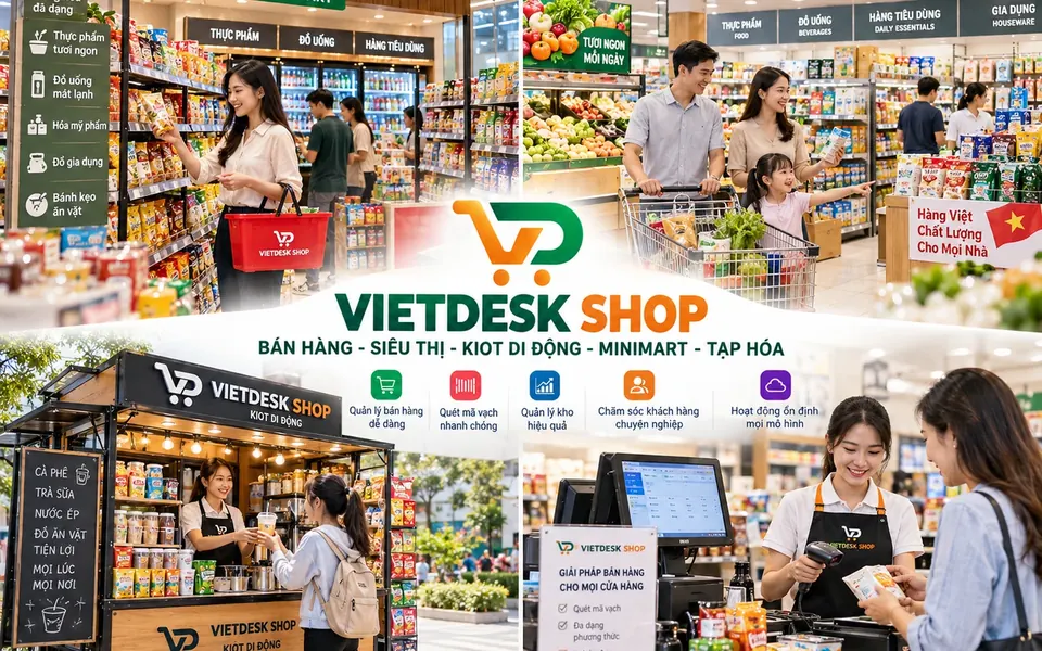 Minh họa không gian cửa hàng và phần mềm quản lý bán lẻ VIETDESK SHOP