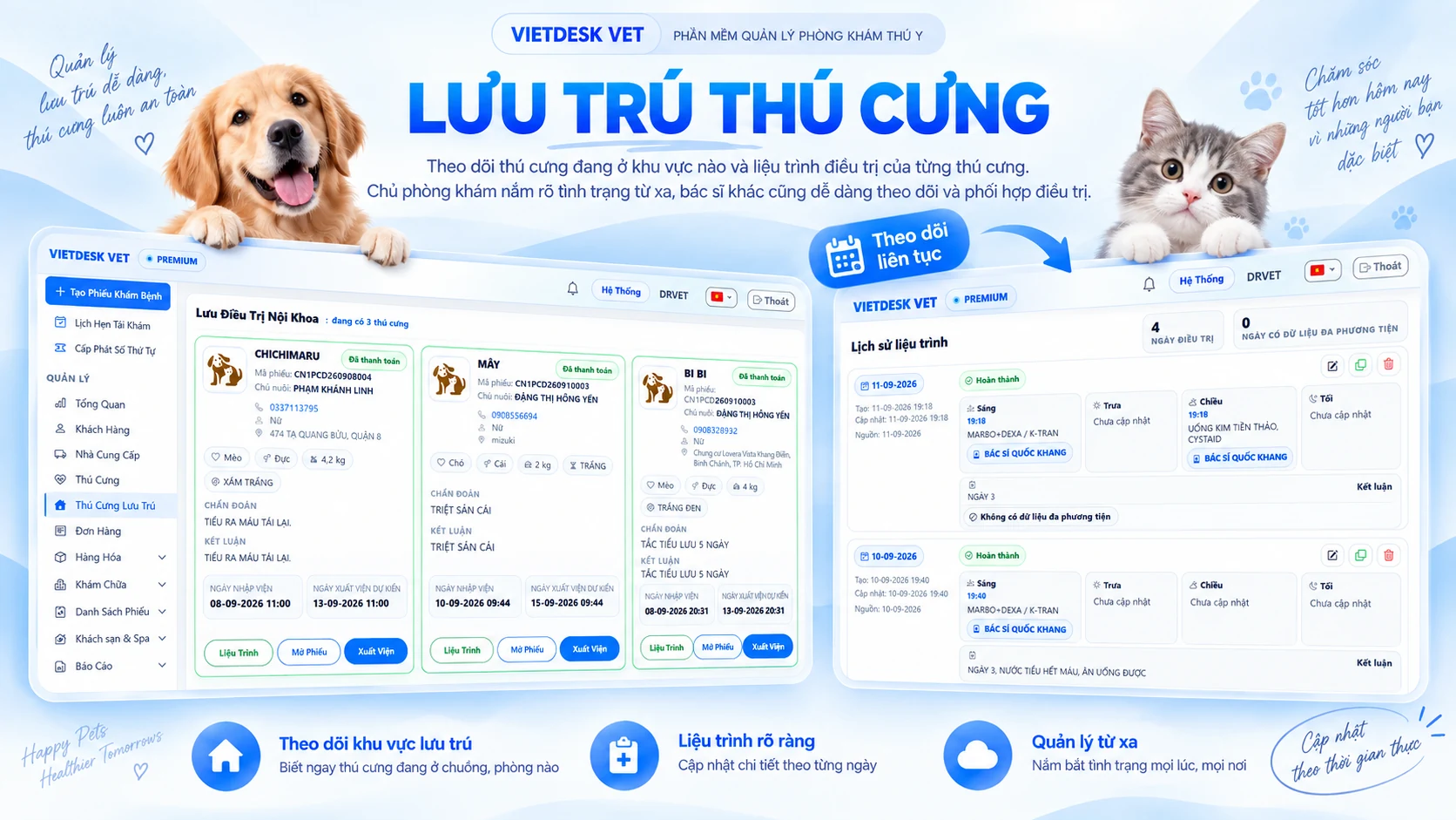 Quản lý lưu trú thú cưng và liệu trình trên VIETDESK VET